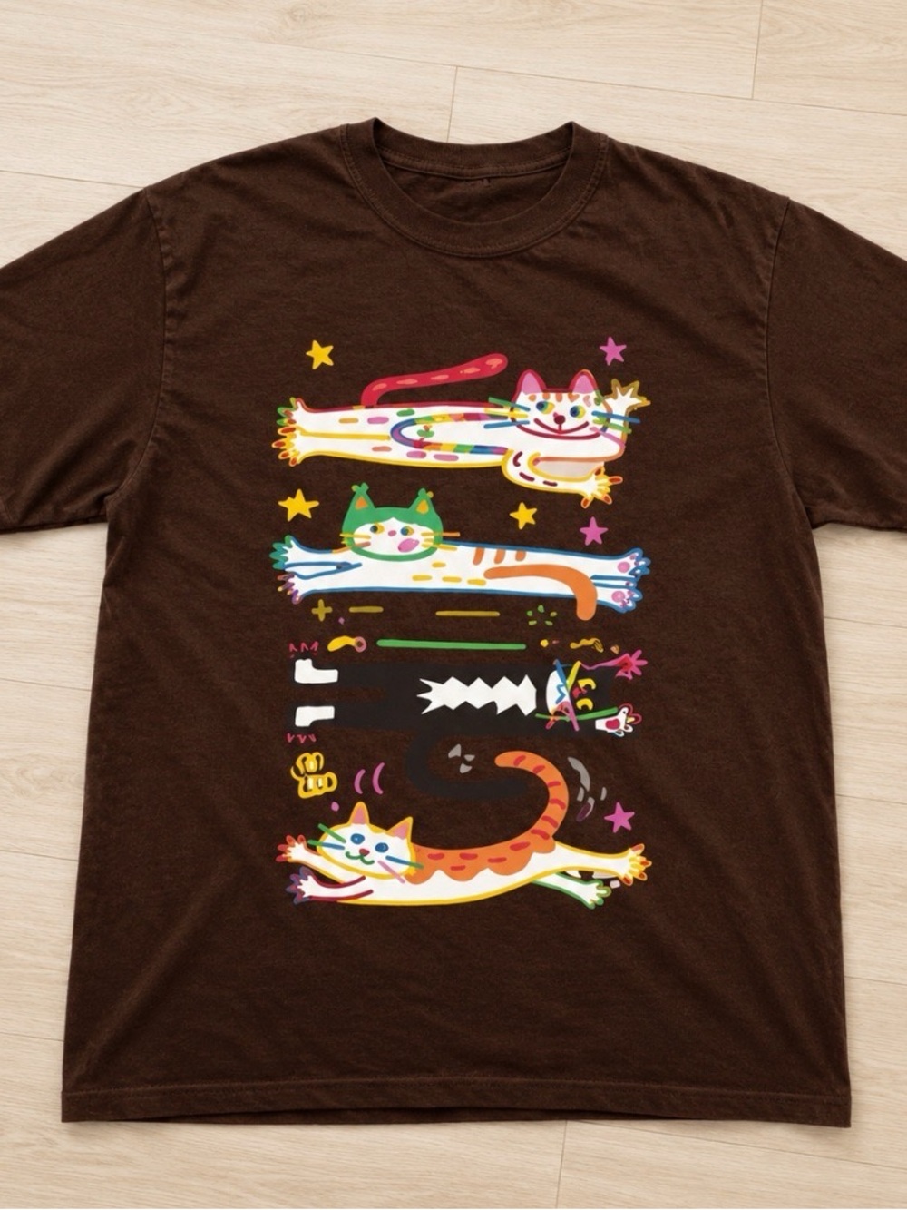 Gildan Brown Tee with Colorful Stretching Cat Print